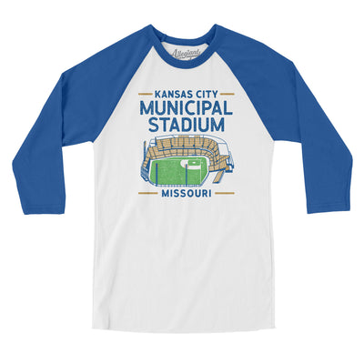 Kansas City Municipal Stadium Men/Unisex Raglan 3/4 Sleeve T-Shirt-White|True Royal-Allegiant Goods Co. Vintage Sports Apparel
