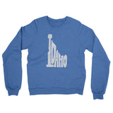 Idaho State Shape Text Midweight French Terry Crewneck Sweatshirt-Heather Royal-Allegiant Goods Co. Vintage Sports Apparel