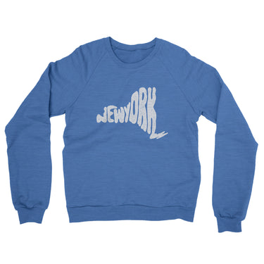 New York State Shape Text Midweight French Terry Crewneck Sweatshirt-Heather Royal-Allegiant Goods Co. Vintage Sports Apparel