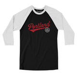Portland Vintage Script Men/Unisex Raglan 3/4 Sleeve T-Shirt-Black with White-Allegiant Goods Co. Vintage Sports Apparel