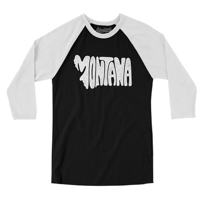 Montana State Shape Text Men/Unisex Raglan 3/4 Sleeve T-Shirt-Black with White-Allegiant Goods Co. Vintage Sports Apparel