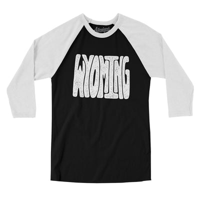 Wyoming State Shape Text Men/Unisex Raglan 3/4 Sleeve T-Shirt-Black with White-Allegiant Goods Co. Vintage Sports Apparel