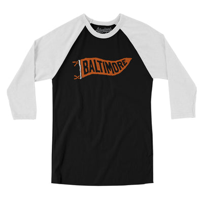 Baltimore Pennant Men/Unisex Raglan 3/4 Sleeve T-Shirt-Black with White-Allegiant Goods Co. Vintage Sports Apparel