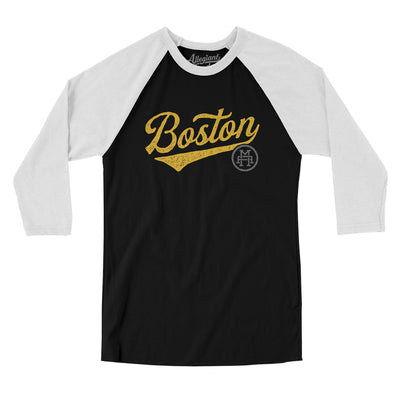 Boston Vintage Script Men/Unisex Raglan 3/4 Sleeve T-Shirt-Black with White-Allegiant Goods Co. Vintage Sports Apparel