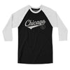 Chicago Vintage Script Men/Unisex Raglan 3/4 Sleeve T-Shirt-Black with White-Allegiant Goods Co. Vintage Sports Apparel