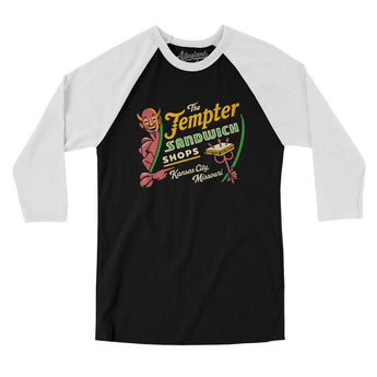 The Tempter Sandwich Shops Kc Men/Unisex Raglan 3/4 Sleeve T-Shirt-Black with White-Allegiant Goods Co. Vintage Sports Apparel