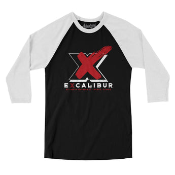 Excalibur Chicago Men/Unisex Raglan 3/4 Sleeve T-Shirt-Black with White-Allegiant Goods Co. Vintage Sports Apparel