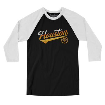 Houston Vintage Script Men/Unisex Raglan 3/4 Sleeve T-Shirt-Black with White-Allegiant Goods Co. Vintage Sports Apparel