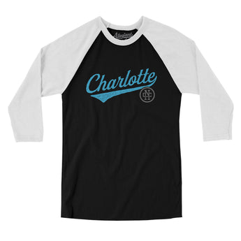 Charlotte Vintage Script Men/Unisex Raglan 3/4 Sleeve T-Shirt-Black with White-Allegiant Goods Co. Vintage Sports Apparel