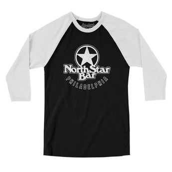 North Star Bar Philadelphia Men/Unisex Raglan 3/4 Sleeve T-Shirt-Black with White-Allegiant Goods Co. Vintage Sports Apparel