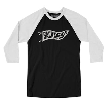 Sacramento Pennant Men/Unisex Raglan 3/4 Sleeve T-Shirt-Black with White-Allegiant Goods Co. Vintage Sports Apparel
