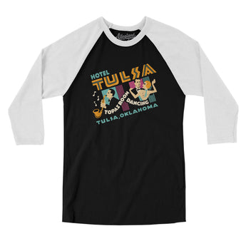 Hotel Tulsa Topaz Room Men/Unisex Raglan 3/4 Sleeve T-Shirt-Black with White-Allegiant Goods Co. Vintage Sports Apparel