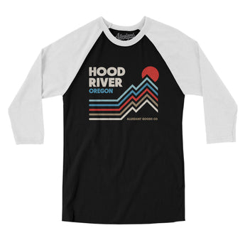 Hood River Oregon Men/Unisex Raglan 3/4 Sleeve T-Shirt-Black with White-Allegiant Goods Co. Vintage Sports Apparel
