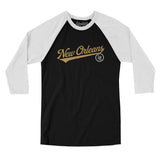 New Orleans Vintage Script Men/Unisex Raglan 3/4 Sleeve T-Shirt-Black with White-Allegiant Goods Co. Vintage Sports Apparel
