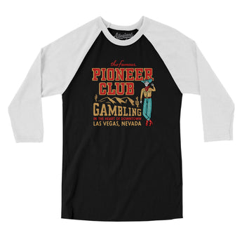 The Pioneer Club Las Vegas Men/Unisex Raglan 3/4 Sleeve T-Shirt-Black with White-Allegiant Goods Co. Vintage Sports Apparel