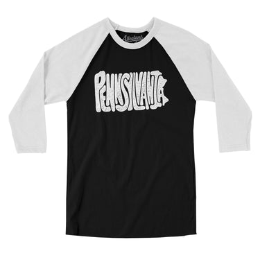 Pennsylvania State Shape Text Men/Unisex Raglan 3/4 Sleeve T-Shirt-Black with White-Allegiant Goods Co. Vintage Sports Apparel