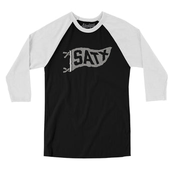 Satx Pennant Men/Unisex Raglan 3/4 Sleeve T-Shirt-Black with White-Allegiant Goods Co. Vintage Sports Apparel