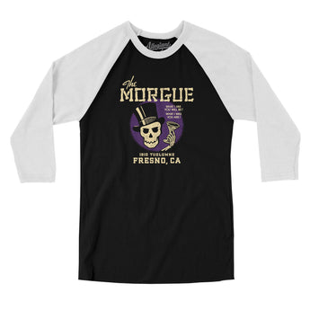 The Morgue Fresno Men/Unisex Raglan 3/4 Sleeve T-Shirt-Black with White-Allegiant Goods Co. Vintage Sports Apparel
