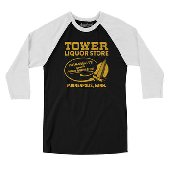 Tower Liquor Store Minneapolis Men/Unisex Raglan 3/4 Sleeve T-Shirt-Black with White-Allegiant Goods Co. Vintage Sports Apparel