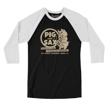 Pig And Sax Miami Men/Unisex Raglan 3/4 Sleeve T-Shirt-Black with White-Allegiant Goods Co. Vintage Sports Apparel