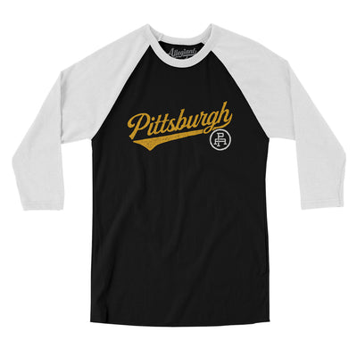 Pittsburgh Vintage Script Men/Unisex Raglan 3/4 Sleeve T-Shirt-Black with White-Allegiant Goods Co. Vintage Sports Apparel