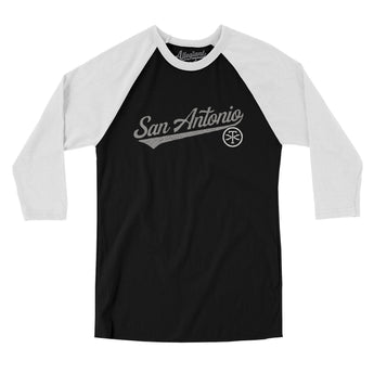 San Antonio Vintage Script Men/Unisex Raglan 3/4 Sleeve T-Shirt-Black with White-Allegiant Goods Co. Vintage Sports Apparel