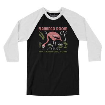 Flamingo Room Hartford Men/Unisex Raglan 3/4 Sleeve T-Shirt-Black with White-Allegiant Goods Co. Vintage Sports Apparel