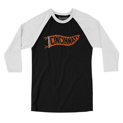 Cincinnati Pennant Men/Unisex Raglan 3/4 Sleeve T-Shirt-Black with White-Allegiant Goods Co. Vintage Sports Apparel