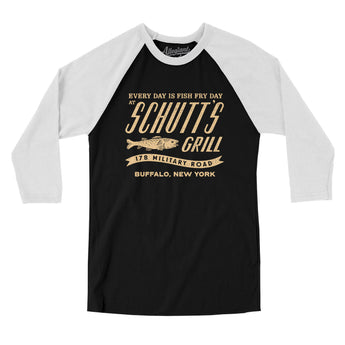Schutt's Grill Buffalo Men/Unisex Raglan 3/4 Sleeve T-Shirt-Black with White-Allegiant Goods Co. Vintage Sports Apparel