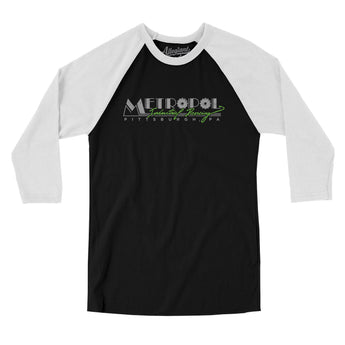 Metropol Industrial Dancing Pittsburgh Men/Unisex Raglan 3/4 Sleeve T-Shirt-Black with White-Allegiant Goods Co. Vintage Sports Apparel