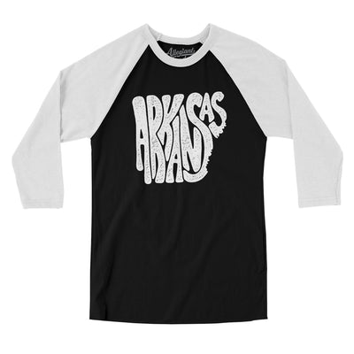 Arkansas State Shape Text Men/Unisex Raglan 3/4 Sleeve T-Shirt-Black with White-Allegiant Goods Co. Vintage Sports Apparel