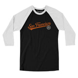 San Francisco Vintage Script Men/Unisex Raglan 3/4 Sleeve T-Shirt-Black with White-Allegiant Goods Co. Vintage Sports Apparel
