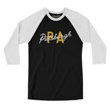 Pittsburgh Pa Overprinted Men/Unisex Raglan 3/4 Sleeve T-Shirt-Black with White-Allegiant Goods Co. Vintage Sports Apparel