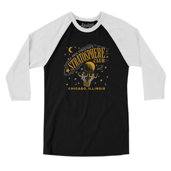 Stratosphere Club Chicago Men/Unisex Raglan 3/4 Sleeve T-Shirt-Black with White-Allegiant Goods Co. Vintage Sports Apparel