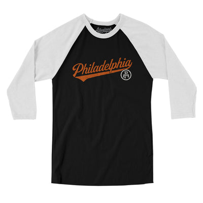 Philadelphia Vintage Script Men/Unisex Raglan 3/4 Sleeve T-Shirt-Black with White-Allegiant Goods Co. Vintage Sports Apparel