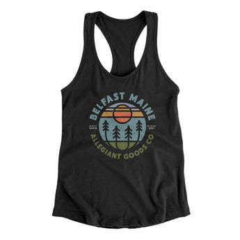 Belfast Maine Retro Badge Women's Racerback Tank-Black-Allegiant Goods Co. Vintage Sports Apparel