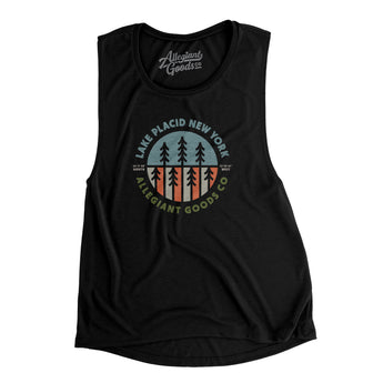 Lake Placid New York Retro Badge Women's Flowey Scoopneck Muscle Tank-Black-Allegiant Goods Co. Vintage Sports Apparel