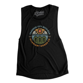 Traverse City Michigan Retro Badge Women's Flowey Scoopneck Muscle Tank-Black-Allegiant Goods Co. Vintage Sports Apparel