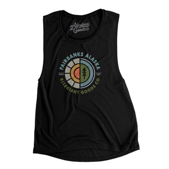 Fairbanks Alaska Retro Badge Women's Flowey Scoopneck Muscle Tank-Black-Allegiant Goods Co. Vintage Sports Apparel