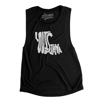 Louisiana State Shape Text Women's Flowey Scoopneck Muscle Tank-Black-Allegiant Goods Co. Vintage Sports Apparel