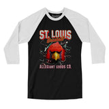 St Louis Baseball Throwback Mascot Men/Unisex Raglan 3/4 Sleeve T-Shirt-Black|White-Allegiant Goods Co. Vintage Sports Apparel