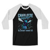 Charlotte Basketball Throwback Mascot Men/Unisex Raglan 3/4 Sleeve T-Shirt-Black|White-Allegiant Goods Co. Vintage Sports Apparel