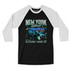 New York Football Throwback Mascot Men/Unisex Raglan 3/4 Sleeve T-Shirt-Black|White-Allegiant Goods Co. Vintage Sports Apparel