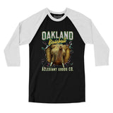 Oakland Baseball Throwback Mascot Men/Unisex Raglan 3/4 Sleeve T-Shirt-Black|White-Allegiant Goods Co. Vintage Sports Apparel