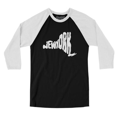 New York State Shape Text Men/Unisex Raglan 3/4 Sleeve T-Shirt-Black|White-Allegiant Goods Co. Vintage Sports Apparel