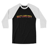 Salt Lake City Varsity Men/Unisex Raglan 3/4 Sleeve T-Shirt-Black|White-Allegiant Goods Co. Vintage Sports Apparel