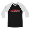 Madison Varsity Men/Unisex Raglan 3/4 Sleeve T-Shirt-Black|White-Allegiant Goods Co. Vintage Sports Apparel