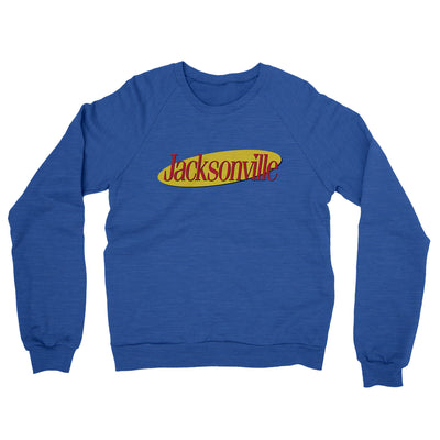 Jacksonville Seinfeld Midweight French Terry Crewneck Sweatshirt-Heather Royal-Allegiant Goods Co. Vintage Sports Apparel