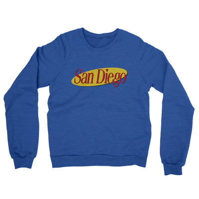 San Diego Seinfeld Midweight French Terry Crewneck Sweatshirt-Heather Royal-Allegiant Goods Co. Vintage Sports Apparel