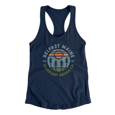 Belfast Maine Retro Badge Women's Racerback Tank-Midnight Navy-Allegiant Goods Co. Vintage Sports Apparel